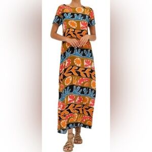 Oliphant Printed Maxi Dress in Mustard, Blue, Coral and Black, M